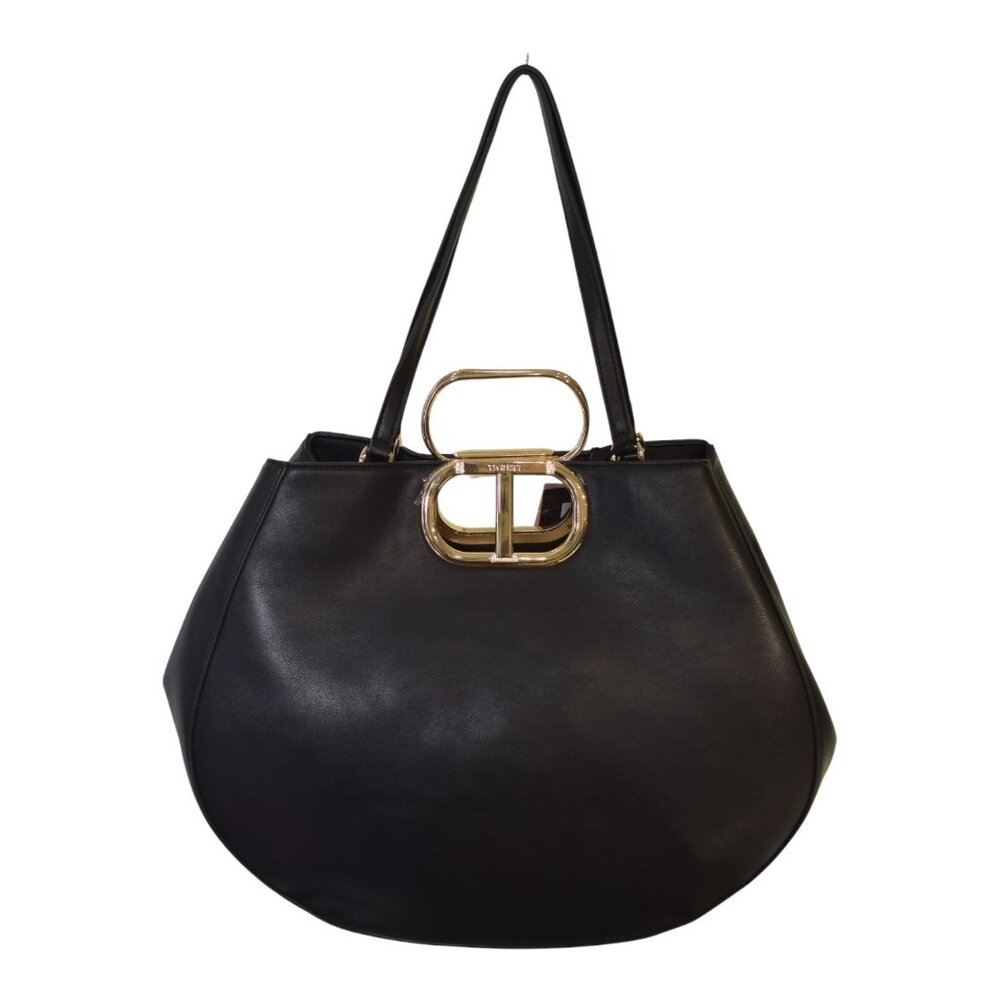 Twinset Milano shopper 'Lila' Oval T handle Black Leather Tote Bag Gold hardware